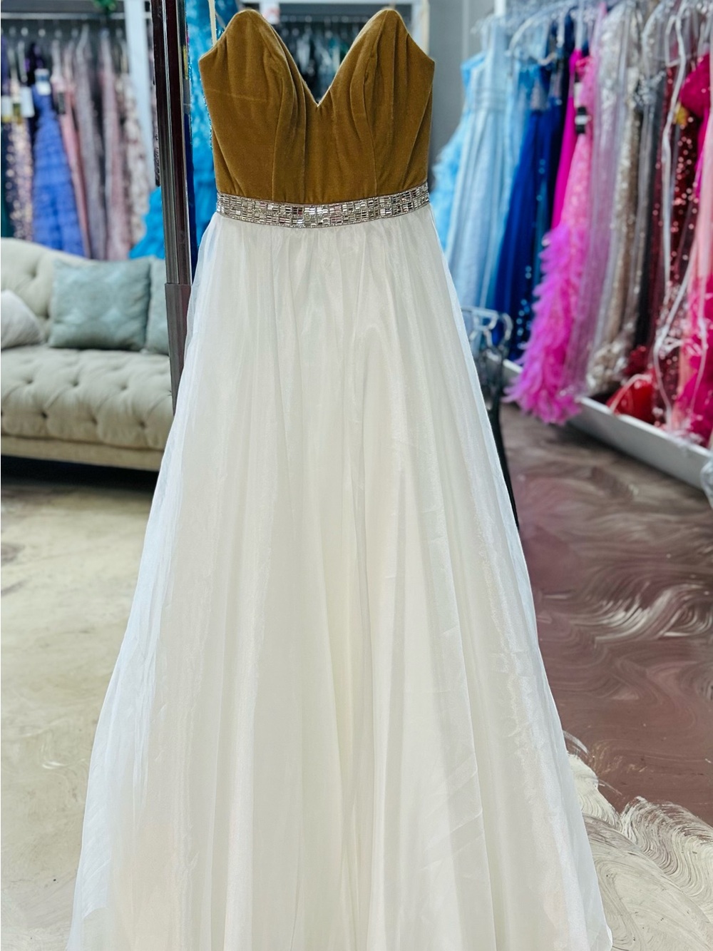 Johnathan Kayne Olive Bodice Ivory Tulle Gown with Beaded Waist